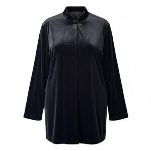 Ulla Popken Women's Plus Size Black Velvet Long Mandarin Collar Cardigan - 2X